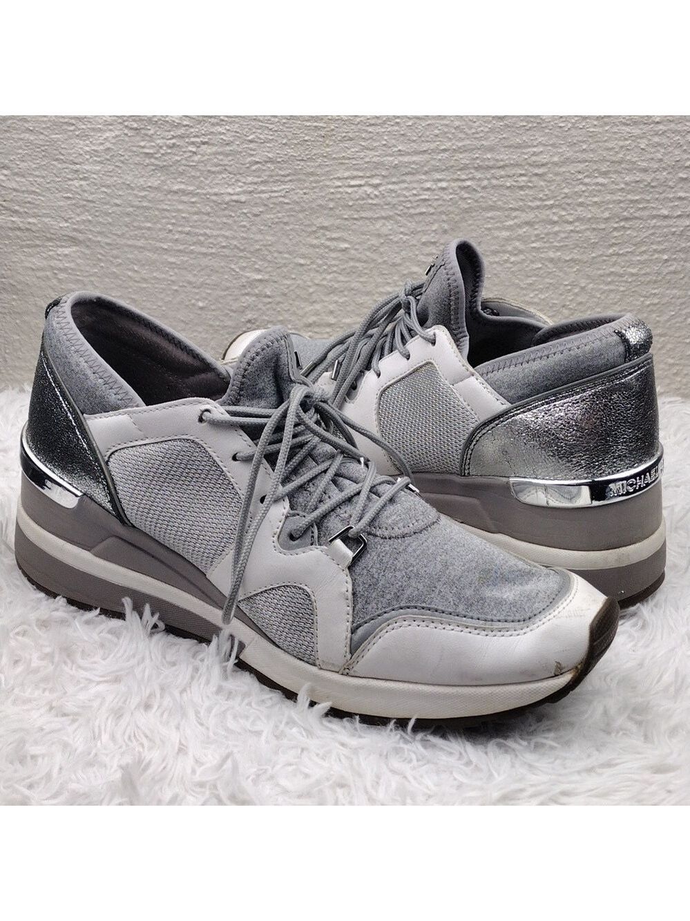 Michael Kors Liv White Leather Grey Fabric Low Top Lace Up Trainer Sneaker Shoe